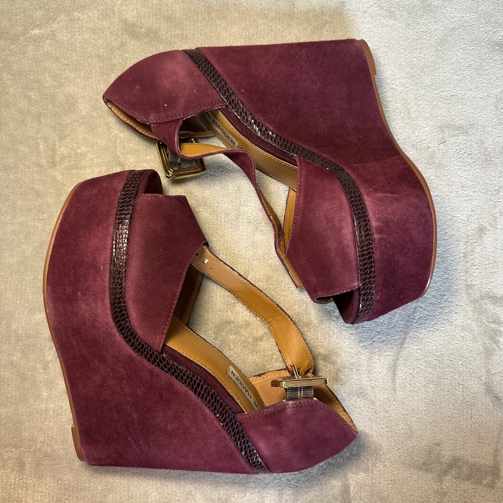Y2K Steve Madden Lorii Burgundy Suede Platform Wedge Heels 8 Brat Indie Sleaze - Picture 3 of 12